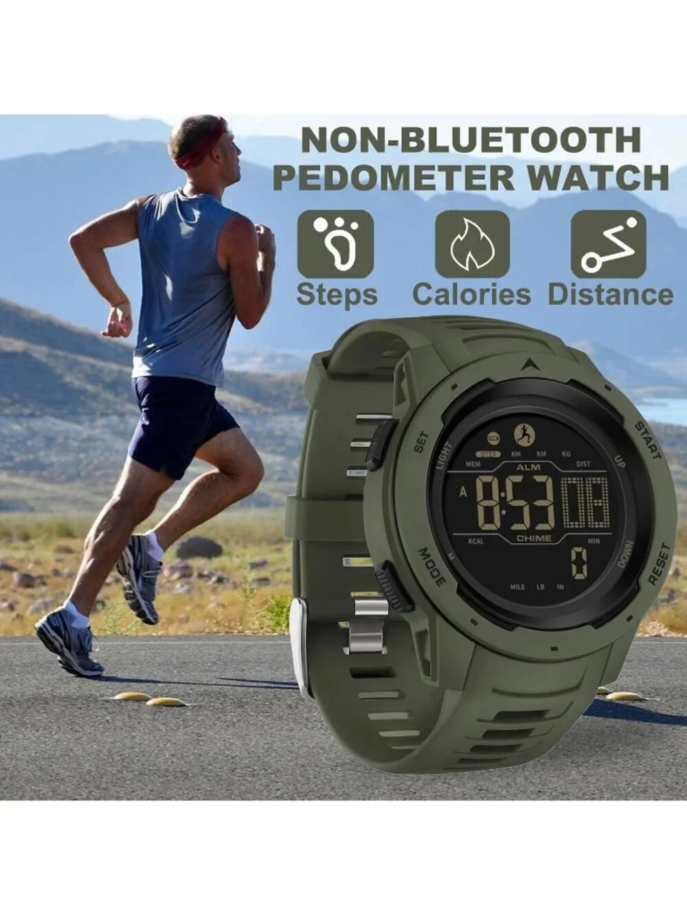 Men's Green Analog Quartz Sport Waterproof Pedometer Alarm LED Digital Watch